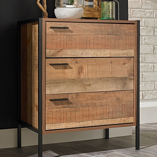 Hoxton Wooden Chest Of Drawers In Distressed Oak Effect With 3 Drawers