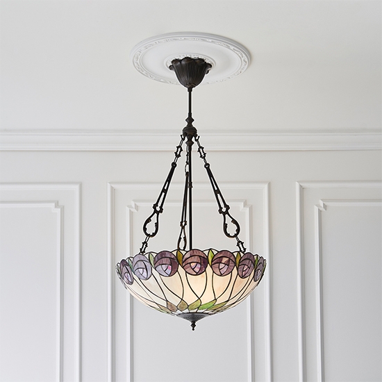 Hutchinson Large Inverted Tiffany Glass 3 Lights Ceiling Pendant Light In Dark Bronze