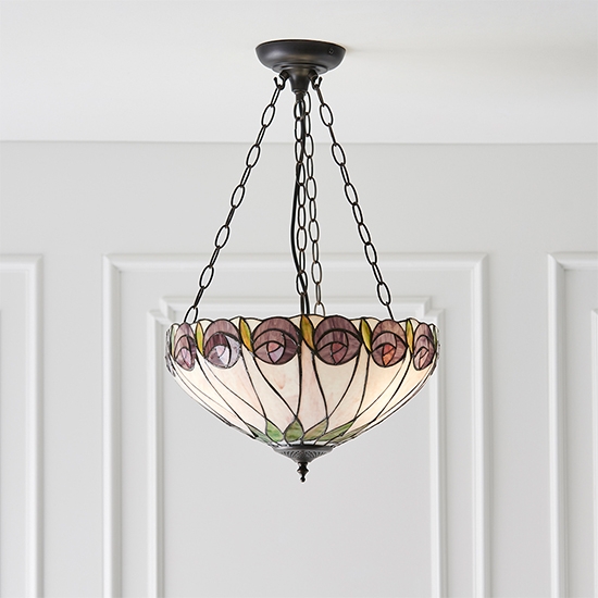 Hutchinson Medium Inverted Tiffany Glass 3 Lights Ceiling Pendant Light In Dark Bronze