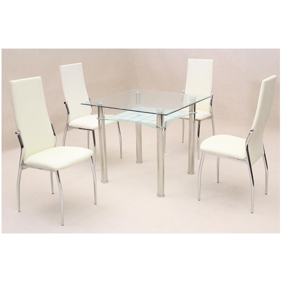 Jazo Clear Glass Dining Set With 4 Cream Lazio Chairs