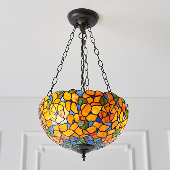 Josette Medium Inverted 3 Lights Tiffany Glass Ceiling Pendant Light In Dark Bronze