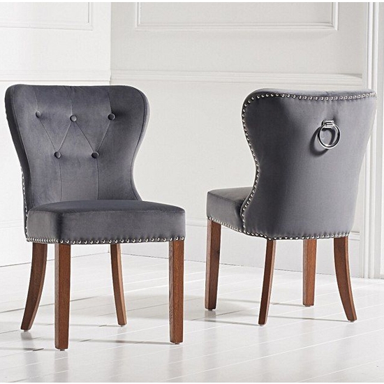 Kalim Dark Grey Plush Fabric Dining Chairs In Pair