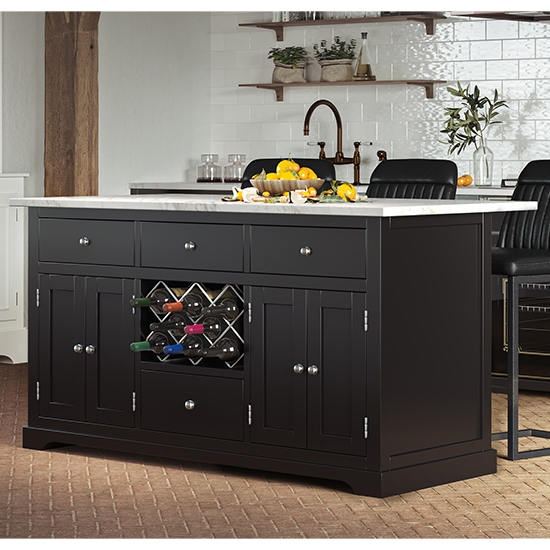 Kearny Wooden Kitchen Island In Black With White Granite Worktop