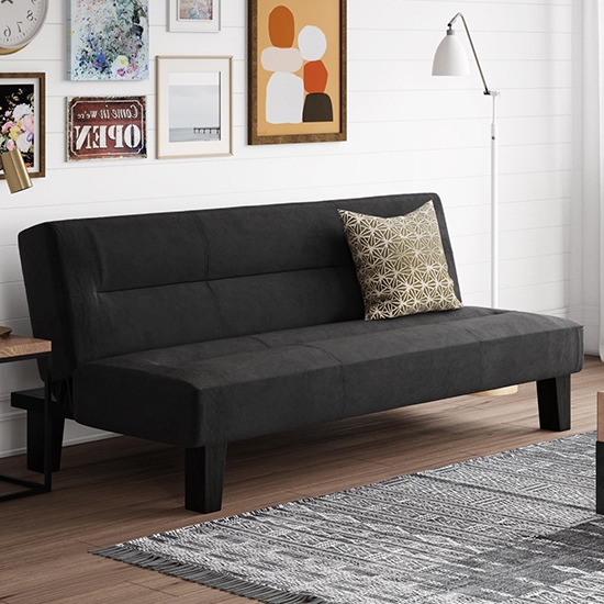 Kebo Velvet Sofa Bed In Black With Black Wooden Legs