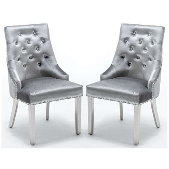 Knightsbridge Knocker Back Shimmer Grey Velvet Dining Chair In Pair