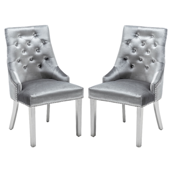 Knightsbridge Knocker Shimmer Grey Velvet Upholstered Dining Chairs In Pair