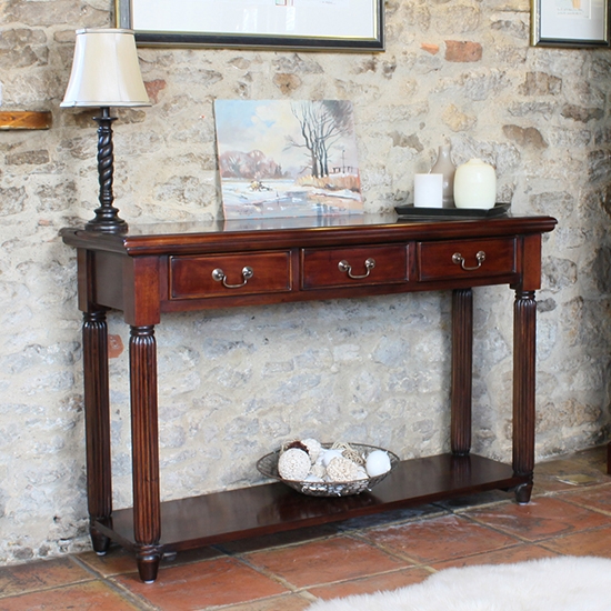 La Roque Wooden 3 Drawers Console Table In Mahogany