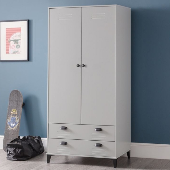 Lakers Locker Wooden 2 Doors And 2 Drawers Wardrobe In Grey Metal Effect