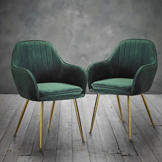 Lara Forest Green Velvet Dining Chairs In Pair With Gold Legs