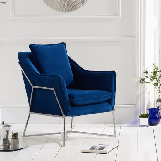 Larna Blue Velvet Accent Chair With Chrome Metal Legs