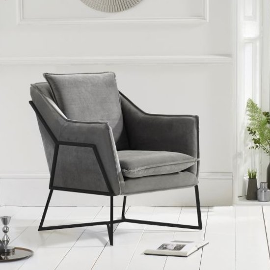 Larna Grey Velvet Accent Chair With Black Metal Legs