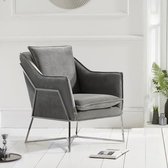 Larna Grey Velvet Accent Chair With Chrome Metal Legs