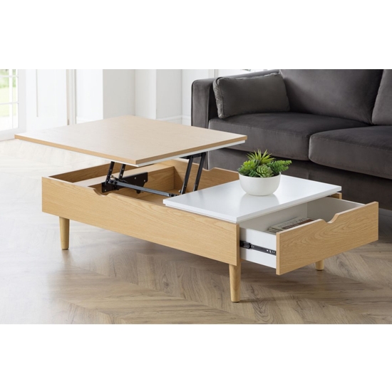 Latimer Lift Up Wooden Coffee Table In High Gloss White And Oak