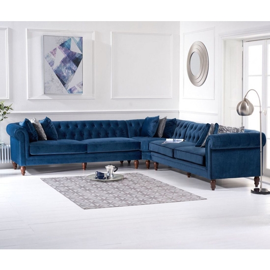 Lauren Velvet Upholstered Corner Sofa In Blue