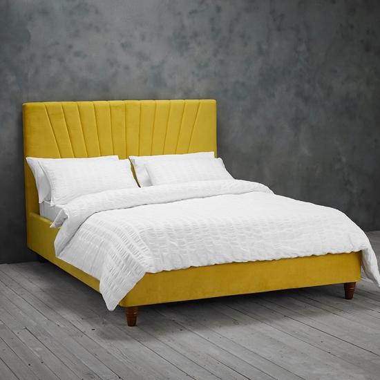 Lexie Velvet Upholstered Double Bed In Mustard