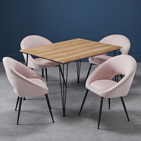 Liberty Medium Wooden Dining Table In Oak With 4 Lulu Pink Chairs