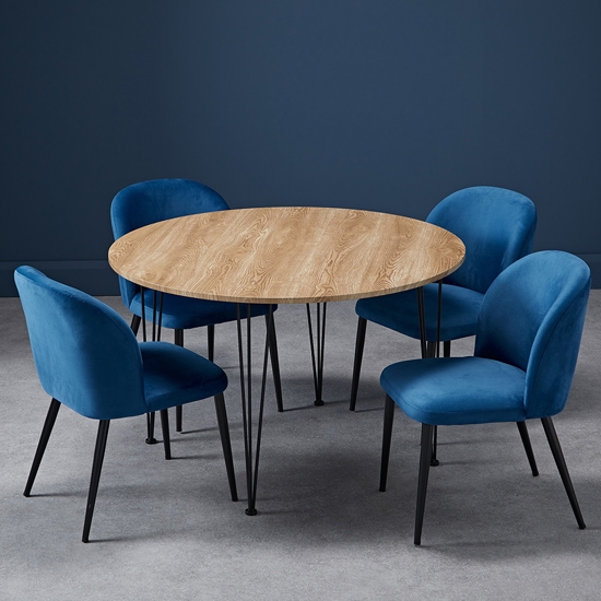 Liberty Round Wooden Dining Table In Oak With 4 Zara Blue Chairs