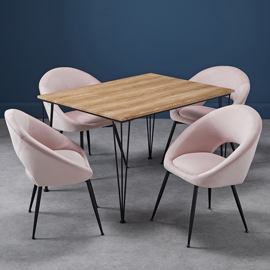 Liberty Small Wooden Dining Table In Oak With 4 Lulu Pink Chairs