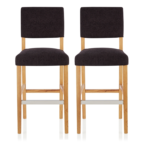 Linnaea Aubergine Fabric Upholstered Bar Stools With Oak Legs In Pair