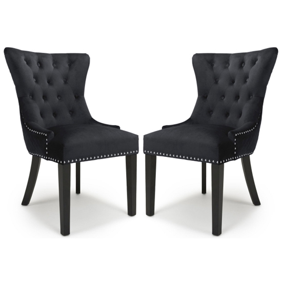 Lionhead Ring Back Black Brushed Velvet Dining Chairs With Black Legs In Pair