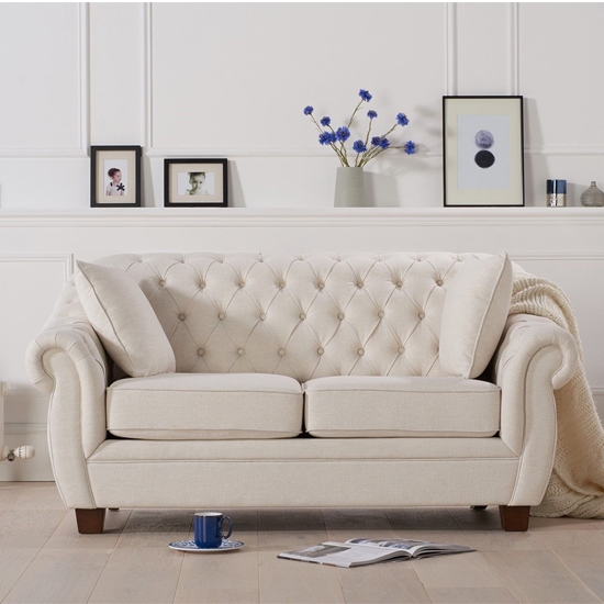 Liv Chesterfield Fabric Upholstered 2 Seater Sofa In Ivory