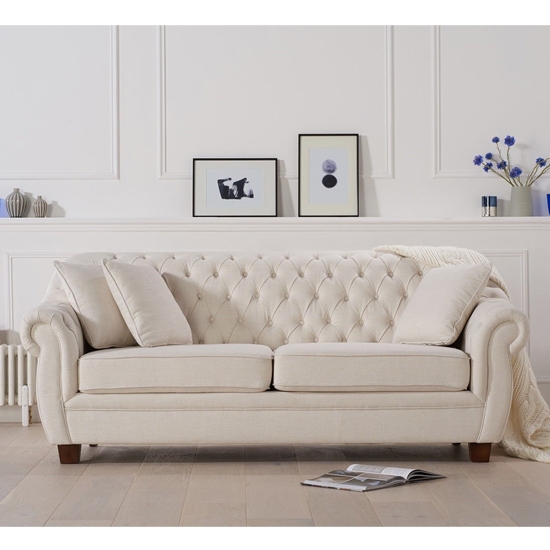 Liv Chesterfield Fabric Upholstered 3 Seater Sofa In Ivory