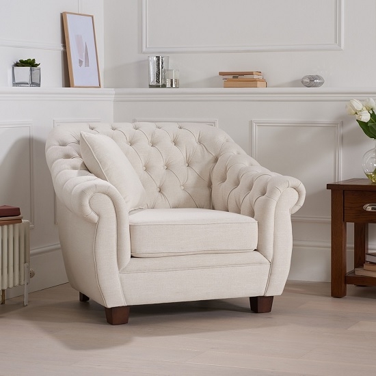 Liv Chesterfield Fabric Upholstered Armchair In Ivory