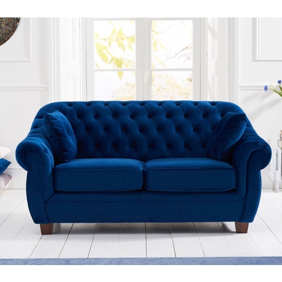 Liv Chesterfield Plush Fabric Upholstered 2 Seater Sofa In Blue