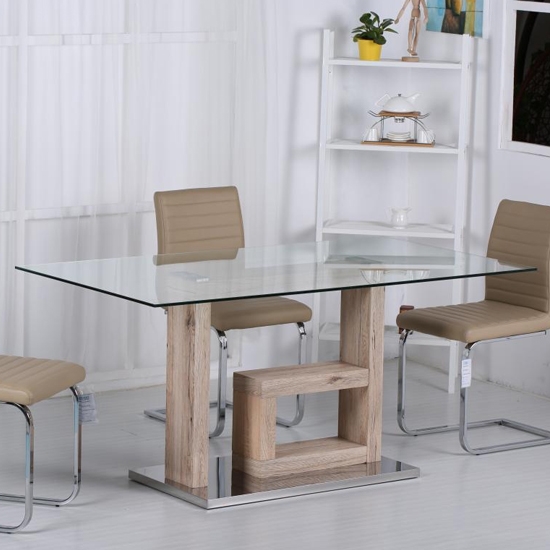 Lucia Clear Glass Dining Table With Natural Wooden Base