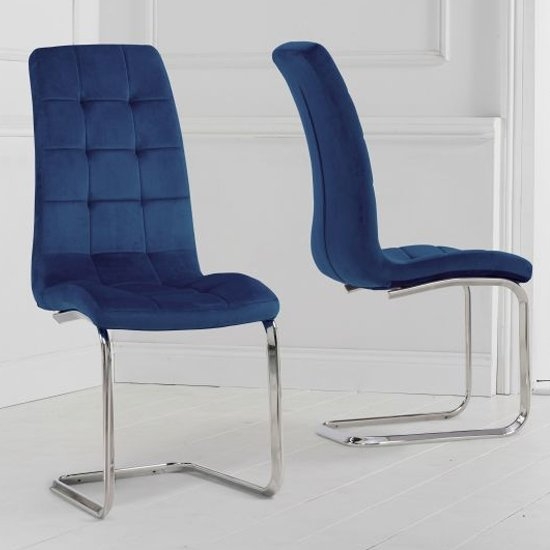 Lucy Blue Velvet Dining Chairs In Pair With Chrome Legs