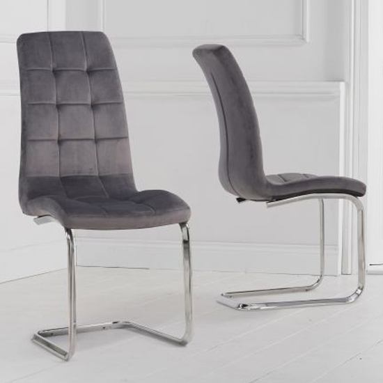 Lucy Grey Velvet Upholstered Dining Chairs In Pair