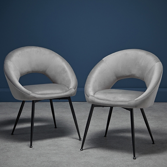 Lulu Grey Velvet Upholstered Dining Chairs With Black Legs In Pair