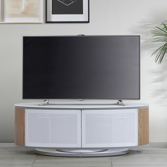 Luna Wooden Tv Stand In White High Gloss And Oak With Push Release Doors