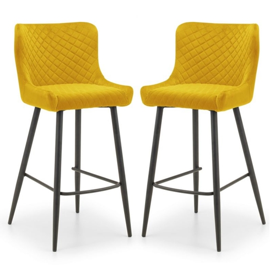 Luxe Mustard Velvet Upholstered Bar Stools In Pair