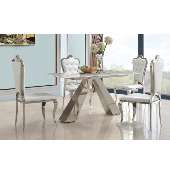 Madagascar Natural Stone Marble Dining Set With 4 White Pu Chairs