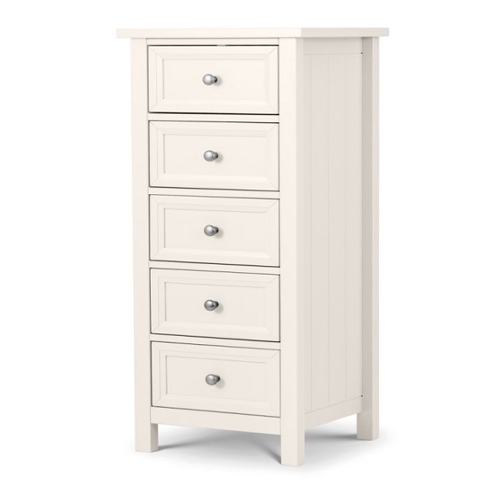 Maine Tall Wooden Chest Of Drawers In Surf White With 5 Drawers