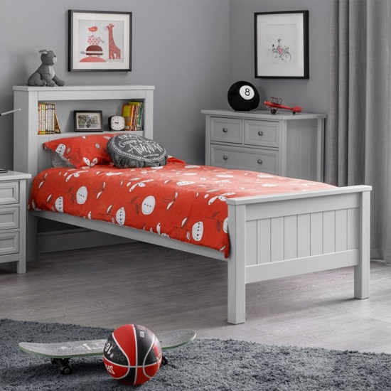 Maine Wooden Single Bed With Bookcase In Dove Grey