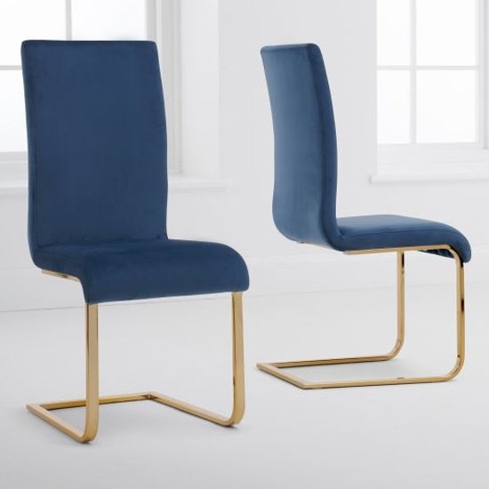 Malibu Blue Velvet Dining Chairs In Pair With Gold Legs