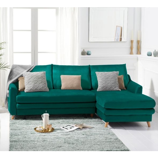 Mante Velvet Upholstered Right Hand Facing Corner Sofa Bed In Green