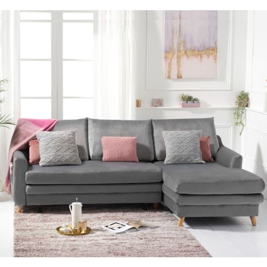 Mante Velvet Upholstered Right Hand Facing Corner Sofa Bed In Grey