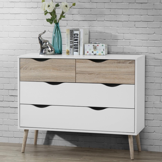 Mapleton Wooden Chest Of Drawers In White And Oak With 4 Drawers