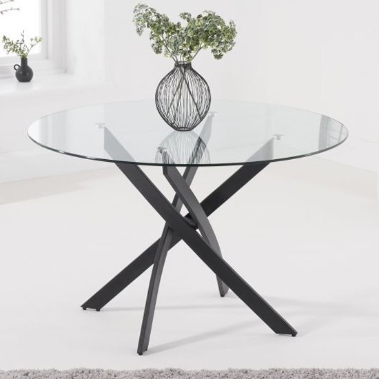 Marina Round Clear Glass Dining Table With Black Metal Legs