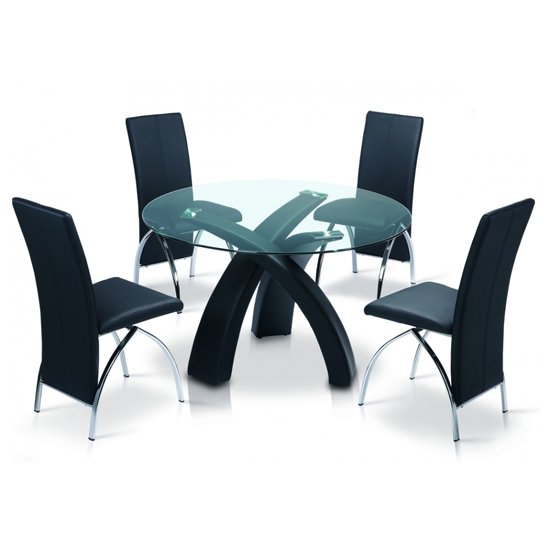 Marston Clear Glass Dining Set With 4 Black Pu Chairs