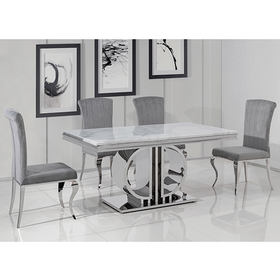 Massimo Marble Dining Table In White With 4 Liyana Grey Chairs