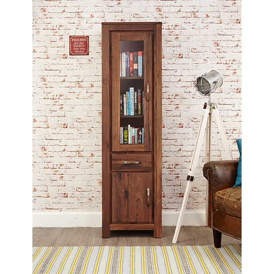 Mayan Narrow Wooden 2 Doors 1 Drawer Glazed Bookcase In Walnut