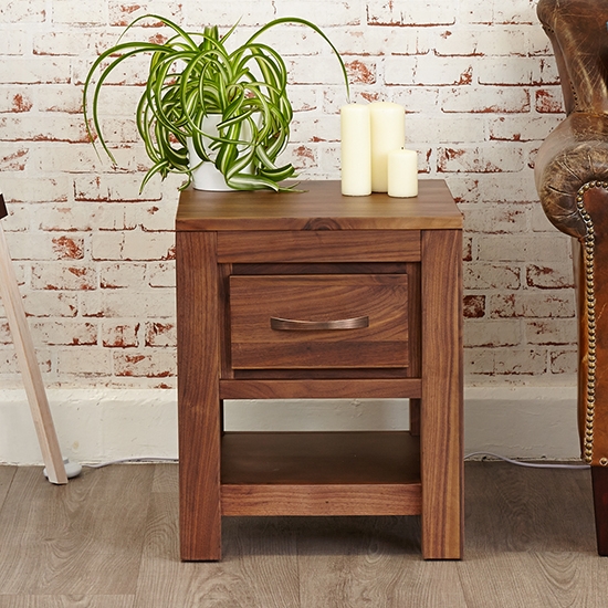 Mayan Wooden 1 Drawer Lamp Table In Walnut