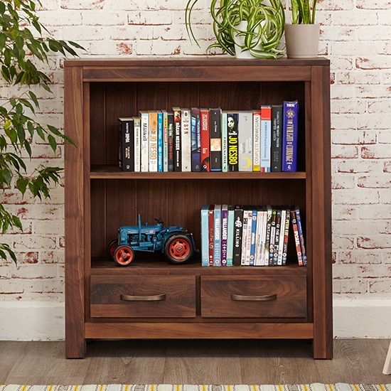 Mayan Wooden 2 Drawers Low Bookcase In Walnut