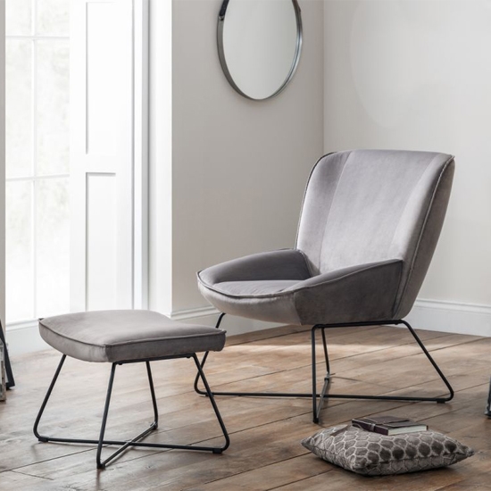 Mila Velvet Upholstered Accent Chair And Stool In Grey