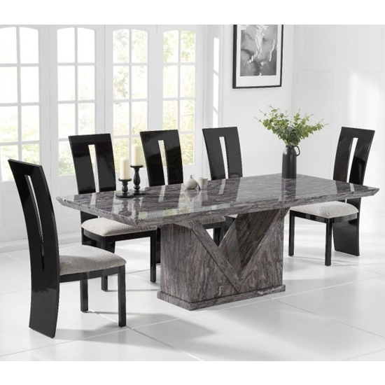 Minsk 220cm Grey Marble Rectangular Dining Table With 6 Valencie Black Chairs