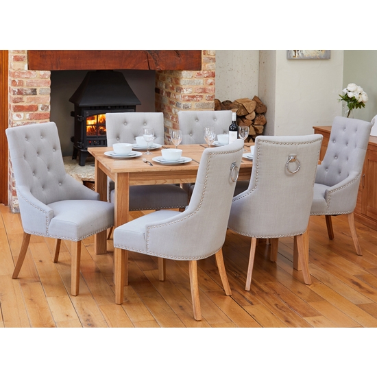 Mobel Large Wooden Dining Table In Oak With 6 Light Grey Armchairs